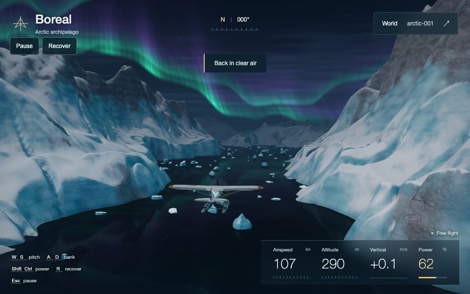 Later floatplane, glacial terrain and aurora