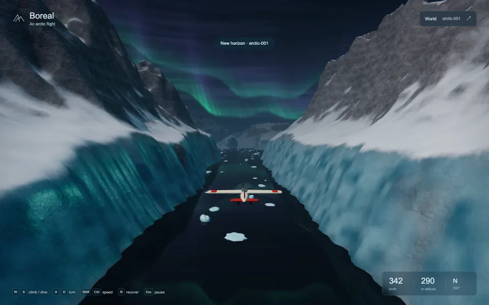 Run start: ribbed glacier walls and a simple red-and-white plane